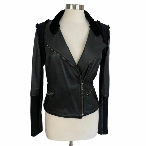 Haute Hippie Womens Large Black Lamb Leather Cashwool Moto Biker Zip Jacket - Picture 1 of 12